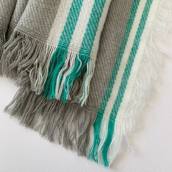 Striped Knit Long Wide Lightweight Fringe Scarf Gray Green White Cottagecore - Picture 8 of 13